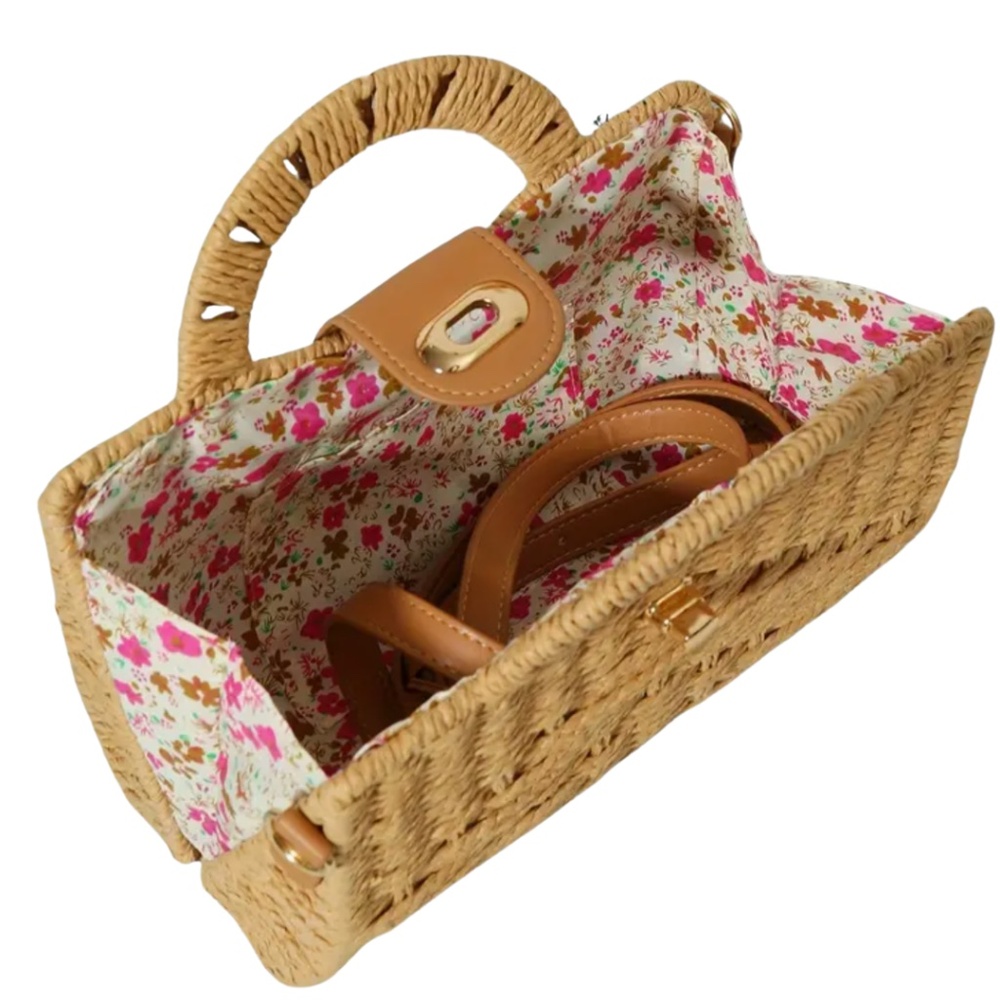 Straw handbag with crossbody and floral lining